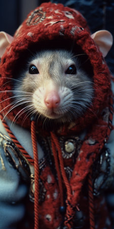 a rat wearing a red hoodie and hat stands out in this dreamy portrait. the gray and beige tones, achieved through cross processing, add a unique touch. the exquisite clothing detail is captured beautifully with the minolta mc rokkor-pf 58mm f/1.4 lens. this national geographic photo, found on flickr, showcases the rat's stylish ensemble. ai generatedの素材