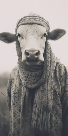 a cow's head wearing a black knitted sweater and scarf, captured in the lomography lady grey style. the image showcases layered imagery with a touch of irony, portraying a romanticized country life. the color palette consists of dark beige and white, reminiscent of the fujifilm eterna 500t film. the overall aesthetic exudes a pulpy style, adding to the unique charm of the photograph. ai generatedの素材