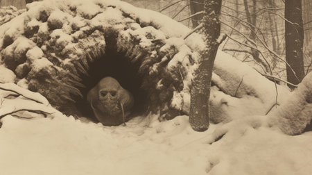 a small creature in the snow, captured in a sculptural pictorialism style, featuring skull motifs. this photo embodies elements of new american color photography and american works on paper from 1880-1950. the image showcases tangled nests, arched doorways, and a touch of mushroomcore aesthetic. ai generatedの素材
