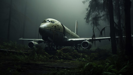 a plane in the forest, captured by michael komarck, showcases eerily realistic, post-apocalyptic imagery. the cargopunk-inspired scene, with hazy depth of field, evokes a sense of mystery and intrigue. ai generatedの素材
