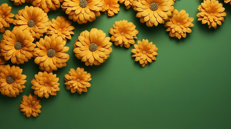 3d rendered illustration of vibrant flowers on a green background, inspired by the somber mood of worthington whittredge's artwork. this national geographic photo captures the essence of nature with a touch of dark yellow and light orange hues. the style is reminiscent of the works of alberto seveso and pieter jansz saenredam, showcasing a dutch baroque influence. ai generatedの素材