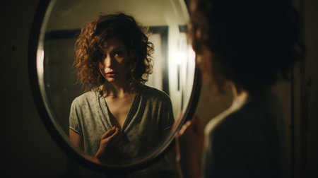 the female subject, portrayed with unapologetic grit, gazes into the mirror. this captivating photo, taken by tatiana suarez with a nikon d750, showcases dark tonalities and a relatable personality. the curvilinear composition adds depth and intrigue, reminiscent of the style of guy aroch. ai generatedの素材