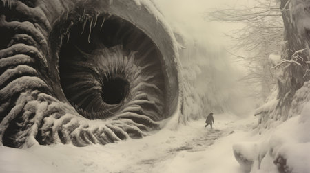 a large snow sculpture depicting a man walking by, showcasing monstrous surrealism and spiral vortex patterns. the sepia tone adds a vintage touch to the frostpunk-inspired artwork. the sculpture is intricately detailed, with realistic and hyper-detailed renderings of nature. captured through a rangefinder lens, this photo captures the mesmerizing beauty of the sculpture. ai generatedの素材