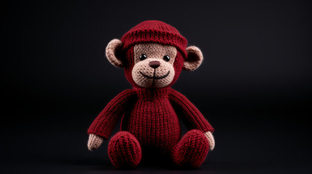 knitted monkey toy, featuring a dark red color scheme, is showcased on a black background. the soft focus and monochromatic color palette enhance the toy's charm. this photo, captured using vray tracing and rollei prego 90, perfectly embodies the toycore aesthetic with its ready-made objects. ai generatedの素材