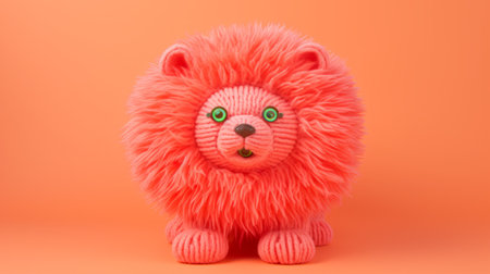 a toy lion in a pink color with a shiny surface, designed in the style of dark orange. this optical illusion-inspired creation showcases photorealistic details, combining elements of knitted and crocheted textures. through digital manipulation, the vibrant pop surrealism aesthetic is achieved, featuring simplistic characters. ai generatedの素材