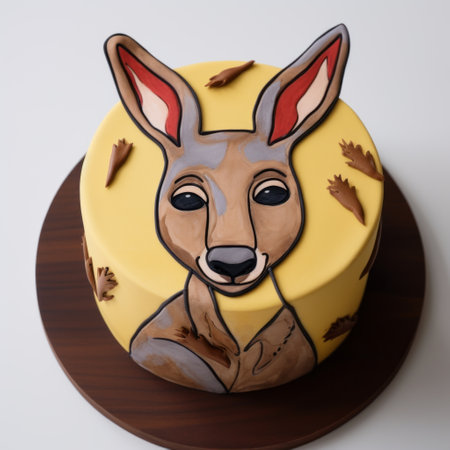 kangaroo shaped cake with a realistic depiction of the tail and face, made using brown and yellow fondant. the cake is set against a vibrant yellow background, resembling a mural painting. this hyperrealistic creation by jakub ralski showcases intricate details, including ambient occlusion and intricate wood-like patterns. photographed with a leica m10, this cake is a true work of art. ai generatedの素材