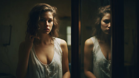 a woman, captured in a darkly romantic and soft-focus portrait, is reflected in a mirror. the image exudes unapologetic grit and showcases the beauty of the subject. shot with a sony alpha a1, the photograph highlights the contrasting colors of dark green and light brown. the sharp focus adds to the overall allure of the composition. ai generatedの素材