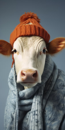 a white cow wearing an orange knit sweater stands out in this close-up photograph. the image showcases the unique style of stereotype photography, with innovative techniques such as zbrush and softbox lighting. the cow's fashionable attire adds a touch of berrypunk flair to the overall composition. ai generatedの素材