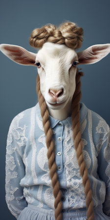 a portrait of a girl with braided hair wearing a dress, captured in a minimalistic surrealism style. the close-up shot showcases the odd juxtapositions of dark white and light indigo tones, creating a fawncore aesthetic. the image exudes a masculine vibe with imitated material, making it a unique and captivating composition. ai generatedの素材