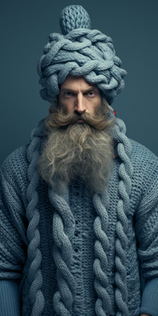 a man with a long beard wearing a blue sweater showcases a unique blend of masculine and feminine elements in his eccentric style. this uhd image captures the highly detailed features of martin rak, as he appears slumped and draped in a rebellious and creatively crafted manner. ai generatedの素材