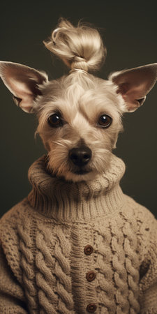 a dog wearing a brown sweater and a black bow on its head is captured in this conceptual portraiture photograph. the infrared technique adds a unique touch, with a combination of dark white and light green tones. this fashion photography piece showcases realistic hyper-detailed portraits, while also embracing the aesthetic of grandparentcore with its dark white and beige elements. ai generatedの素材