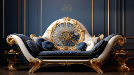 classic blue furniture with golden ornaments, rendered in cinema4d, creates a surrealistic dreamland. the organic sculpting and solarizing master techniques enhance the dark white and light beige color palette. this fine art nouveau design captivates with its eye-catching details. ai generatedの素材