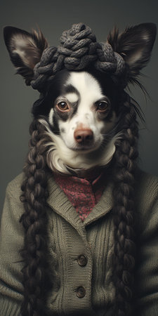 a dog wearing a sweater poses in front of a gray background, resembling a geisha portrait. this contemporary realist portrait photograph captures the essence of cowboy imagery. the uhd image showcases the intense textural details and layered fibers, creating a unique folk punk aesthetic. ai generatedの素材