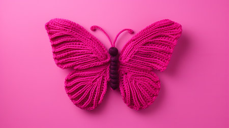 a crocheted pink butterfly is showcased on a vibrant pink background, creating a visually striking contrast. rendered in cinema4d, this artwork exhibits a tactile texture and organic sculpting. the strong chiaroscuro effect enhances the butterfly's intricate details, while varied brushwork techniques add depth. the detailed background elements further enhance the overall composition. ai generatedの素材