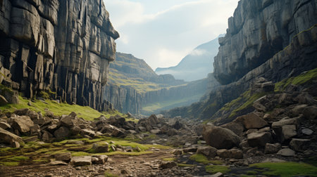 the valley of the rock falls in the west of the washed cliffs is a breathtaking alpine landscape, resembling a stunning matte painting. this scottish-inspired scenery captures the essence of eve ventrue's artistic style, with its creased, crinkled, and wrinkled textures. the multicolored landscapes, shot on 70mm film, evoke a sense of adventure and exploration. ai generatedの素材