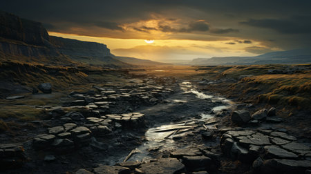 an empty road winds through a forest, adorned with boulders, reminiscent of max rive's style. the traditional british landscapes blend with a post-apocalyptic ambiance, inspired by ursula von rydingsvard. the photograph captures saturated pigment pools, casting a play of light in shades of black and amber. shot on 70mm, this image is a captivating blend of natural beauty and artistic vision. ai generatedの素材
