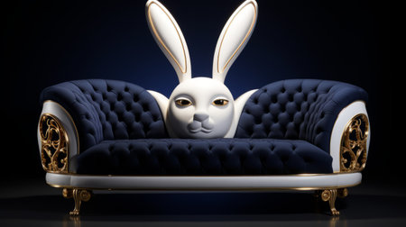 an orange and white rabbit with a gold bow sits on a curved leather couch against a black background. this vray-traced image, rendered in cinema4d, features a symmetrical design with a dark blue and white color scheme. the playful installations and inventive character designs add a touch of creativity to the scene, while the contrasting light white and dark blue tones create a visually strikingの素材