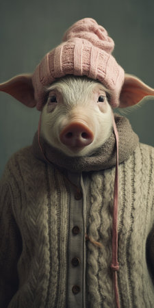 two adorable pigs are dressed in a pink patterned sweater and white knitting hats, reminiscent of the style of michael vincent manalo. these celebrity-inspired portraits capture the animals' personalities in hyper-realistic illustrations, similar to the works of sacha goldberger. the playful yet dark aesthetic is reminiscent of the artist's style on flickr, while also evoking the charm of norman cornish's art. ai generatedの素材