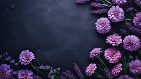 lavender flowers and leaves are beautifully arranged on a dark background, creating a striking contrast. the composition features a unique framing style with dark pink and dark gray tones. this captivating image combines the natural beauty of flowers with texture-rich surfaces, incorporating both organic and man-made elements. soft focal points add a touch of elegance, while the overall aesthetic exudes a subtle chalk-like texture. aiの素材