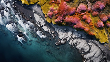 a stunning landscape photo captured in autumn 2014 showcases a rugged rock formation overlooking water. the scene is adorned with vibrant fall trees, reminiscent of the artistic styles of nadav kander, scarlett hooft graafland, and georgia o'keeffe. the image exhibits detailed imagery, cellular formations, and musical color fields, creating a visually captivating composition. ai generatedの素材