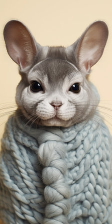 a stuffed chinchilla with fur on its face is depicted in this photorealistic surrealism artwork. the pastel-toned image showcases exquisite clothing detail, abstract cats, and a color palette of light blue and beige. created using zbrush, the artwork also features elements of knitted and crocheted textures. ai generatedの素材