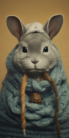 a rabbit wearing a scarf with bows and a hat is depicted in this hyper-detailed portrait rendered in cinema4d. the photo captures the intricate clothing details, showcasing a mix of light blue and dark beige colors. with a touch of post-internet aesthetics, the image resembles a national geographic photo, evoking a sense of tangled nests and exquisite beauty. ai generatedの素材