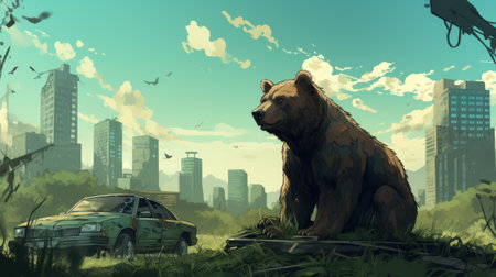 a large black bear sits on a platform, overlooking a city in the background. this captivating landscape photograph captures the essence of classic american cars and the beauty of nature. with its expressive character design and romanticized depiction of the wilderness, this 2d game art-style image is brought to life in stunning 8k resolution. keywords: black bear, platform, city, 2d game art, landscape photography, classicの素材