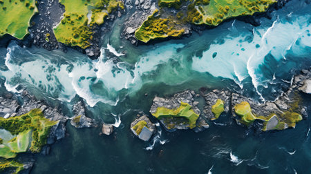 aerial view of a river flowing through a lush green landscape, resembling layered imagery with subtle irony. the scene showcases flowing textures and tells a narrative-driven visual story. the photograph captures the beauty of norwegian nature, enhanced by the playful and colorful depictions. the hyper-realistic water adds to the overall captivating effect. ai generatedの素材