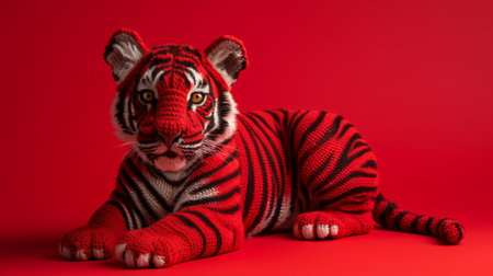 a red and white tiger is seen sitting on a vibrant red background in this bold and playful fashion photography. the tiger's appearance is reminiscent of knitted and crocheted designs, adding a unique touch to the image. the use of bold and vibrant primary colors, along with a monochromatic color scheme, creates a visually striking composition. the photo was captured using unreal engine 5 andの素材