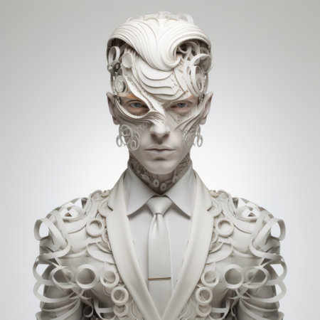 a robot figure dressed in a suit and tie, reminiscent of rococo-inspired art, showcases symmetrical chaos and hyper-realistic details. the light white background adds a futuristic glam to the composition, while the meticulous attention to detail pays homage to rococo portraitures. ai generatedの素材
