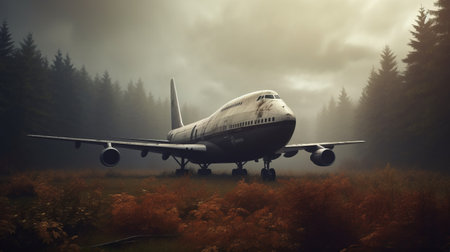 a plane rests atop a vibrant forest, showcasing photorealistic portraiture. this cargopunk-inspired image features a combination of light gray and dark amber tones, captured on 70mm film. the composition exudes an eerie symbolism, with a sense of gigantic scale that is truly captivating. ai generatedの素材
