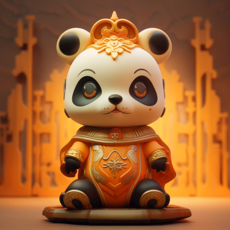 a little minion panda statue, inspired by the art style of the golden light, northern and southern dynasties, is perched on a vibrant red chair. this unique piece combines elements of artgerm, masks, totems, prateep kochabua, tinycore, and medieval-inspired designs. ai generatedの素材