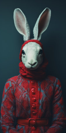 red rabbit fashion illustration featuring a cross-processed style. this mixed-media sculpture showcases layered fibers, creating a folkloric portrait with elements of photorealistic surrealism. reminiscent of a national geographic photo, the dark red and white color palette adds depth and intrigue to the artwork. ai generatedの素材