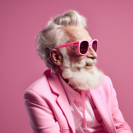 an old man's beard and sunglasses stand out against a vibrant pink background. this playful image captures the essence of youthful charm and dignified poses. the monochromatic color scheme adds to the smooth and shiny aesthetic. with a touch of candid celebrity shots, this photo is truly beautiful. ai generatedの素材