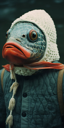 a man and a fish, both adorned in knits and hats, are captured in a photorealistic style. the image showcases intricate details, including masks and totems, reflecting elements of duckcore, foampunk, and realist detail. this wildlife photograph is characterized by a color palette of dark teal and light red. ai generatedの素材