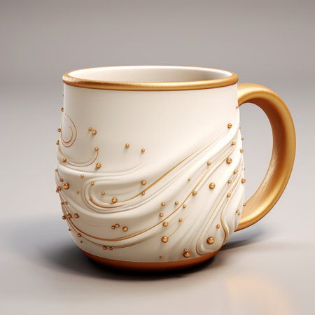 a 3d model of a coffee cup featuring delicate gold detailing inspired by the artistic styles of mark henson and alyssa monks. the design incorporates flowing fabrics and traditional techniques reminiscent of charles willson peale. the cup is rendered in a light white color, creating an elegant and sophisticated look. ai generatedの素材
