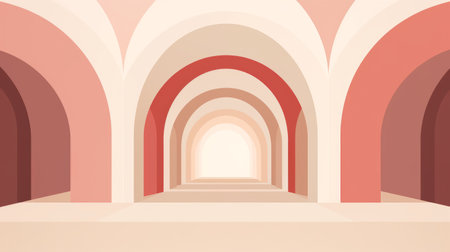 an arched archway, with bold outlines and flat colors in light red and light pink, leads to a corridor. the style of the illustration is characterized by simplified abstraction and physically based rendering. the background is richly detailed, and the forms are soft and rounded. this architectural illustration showcases the beauty of the archway and corridor. ai generatedの素材