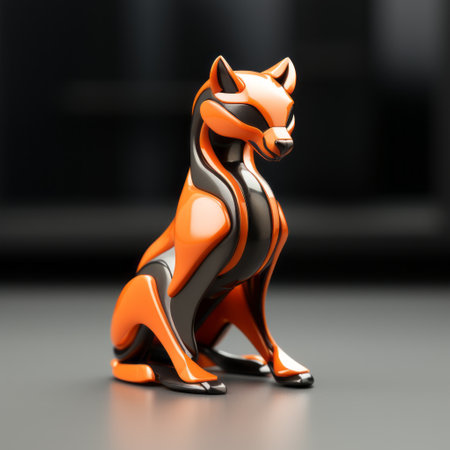 the kojofox is a vibrant orange 3d printed figurine with a sleek metallic finish. it features a mischievous feline motif, brought to life through fluid and dynamic lines in a digital illustration. the design also incorporates simplified dog figures, all enhanced by a luminescent color scheme. this captivating piece showcases the artistry of 3d printing and the use of vray technology. ai generatedの素材