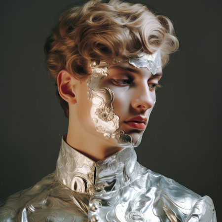a modern girl with silver metal hair showcases a face painting reminiscent of thomas wrede's style. the baroque-inspired details blend seamlessly with futuristic chromatic waves, creating a captivating visual. the fragmented bodies and uniformly staged images evoke the influence of frank xavier leyendecker and maxfield parrish. ai generatedの素材