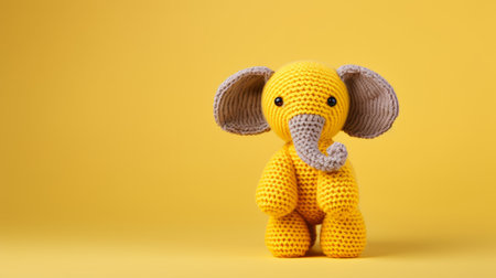 stuffed elephant with yarn ears on yellow background, featuring colorized, knitted, and crocheted minimalist style. this innovative technique showcases a creative commons attribution, ultra-high-definition image capturing the adorable depiction of animals. ai generatedの素材