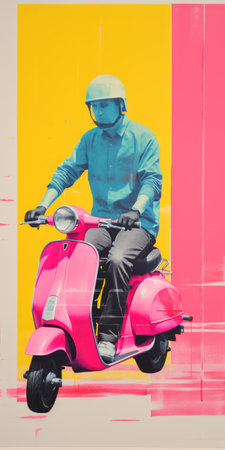 a scooter featuring a blue helmet and a red helmet is depicted in a vibrant, pop art-inspired portrait. the artwork showcases pink, hyperrealistic murals with a loose and painterly style, reminiscent of the dusseldorf school of photography. the scooter stands out with its yellow and magenta accents, adding a bold and eye-catching element to the composition. ai generatedの素材