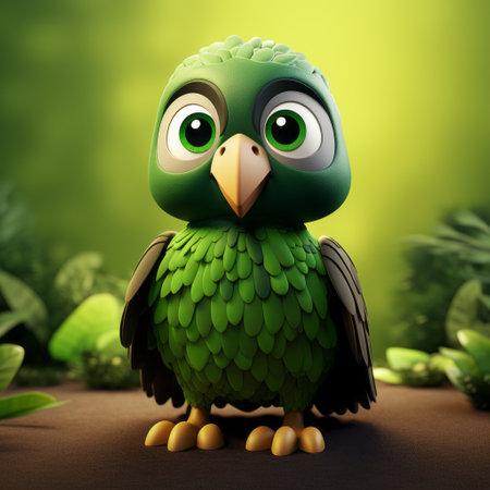 a cartoon bird perched on a branch surrounded by lush green leaves. this vray-traced illustration showcases inventive character designs with highly realistic details. the digitally enhanced image captures the essence of toycore aesthetics, blending realistic animal portraits with a vibrant and nature-inspired setting. ai generatedの素材