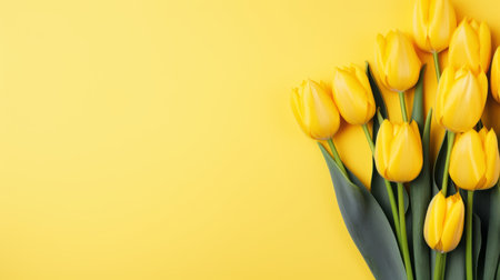 yellow tulips in full bloom stand out against a minimalist yellow background, creating a visually striking image. the crisp graphic design enhances the vibrant colors of the flowers, making them the focal point of the photo. ai generatedの素材