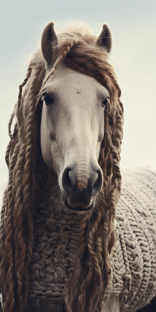 a white horse with a black wig on its head is captured in this vintage sepia-toned photograph. the horse's unique appearance, reminiscent of danish golden age art, showcases its distinctive wire-made nose. this national geographic uhd image beautifully combines the art of knitting and crocheting with the elegance of the equine subject. ai generatedの素材