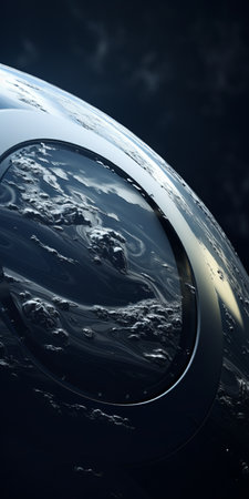 a photo of the earth resembling flowing water on its surface, with a futuristic spacecraft design in dark silver and black. captured in 32k uhd resolution using a tokina opera 50mm f/1.4 ff lens, the image showcases photorealistic detail. the composition, inspired by thomas cole's work, evokes a cinematic feel. ai generatedの素材