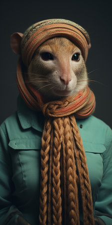 a mouse wearing a scarf and a hat is captured in this fashion photography style image by sacha goldberger. the dark background enhances the whimsical atmosphere, while the dark turquoise and light orange colors add a vibrant touch. the exquisite clothing detail and the human connections portrayed in the image create a sense of depth and emotion. the layers of texture further enhance the overallの素材