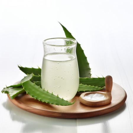 aloe vera glass with spoon on wooden board, featuring light beige and white tones. this photo showcases photo-realistic techniques with a touch of sumatraism. it also incorporates social commentary and is infused with pop-culture references. shot on ferrania p30 film, it captures the essence of magewave aesthetics. ai generatedの素材