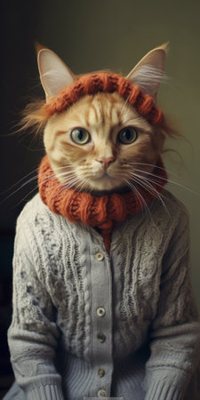 an orange cat, adorned in a cozy sweater and hat featuring an adorable orange eartuft, poses for a vintage cinematic-style portrait. this conceptual portraiture showcases meticulous attention to costume and fashion, with a color palette of light gray and red. the photo, captured on 70mm film, exudes a charmingly messy aesthetic. discover this captivating feline on flickr. ai generatedの素材