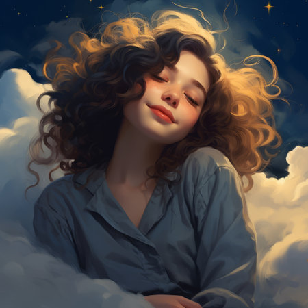 a painting of a girl floating amidst clouds and a starry sky. the artwork showcases a realistic color palette with caricature-like illustrations. the dominant colors are dark cyan and light amber, creating a captivating contrast. the girl's gentle expressions and the wavy, realistic, and hyper-detailed renderings add depth to the illustration. ai generatedの素材