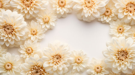 white flowers delicately arranged around a piece of white paper, showcasing a soft color blending effect. the distinct framing highlights the intricate floral patterns, while the light orange and light beige tones add a touch of warmth. this high-resolution uhd image is captured by lilia alvarado. ai generatedの素材